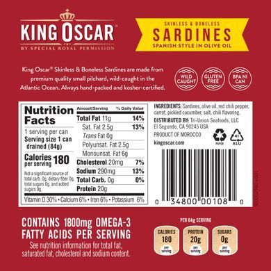 King Oscar, Sardines without skin and without bones, chili pepper and olive oil in Spanish style, 120 g (4.23 ounces)