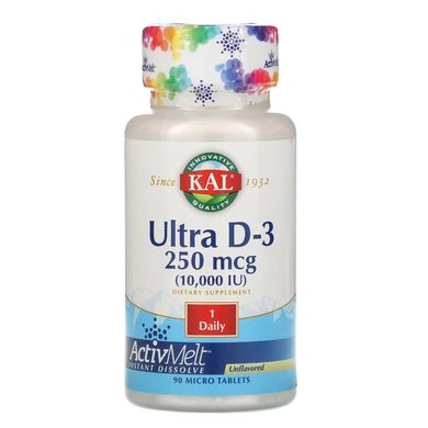 Ультра Витамин Д-3, без ароматизаторов, Ultra D-3 10000 IU, KAL, 10000 МЕ, 90 таблеток купить в Киеве и Украине