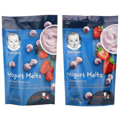 Плавлений йогурт, 8+ місяців, полуниця і суміш ягід, Yogurt Melts, 8+ Months, Strawberry & Mixed Berries, Gerber, 4 упаковки по 28 г (1,0 унц.) кожна
