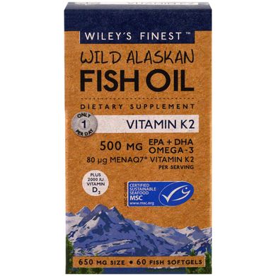 Рыбий жир дикой рыбы Аляски, витамин K, Wiley's Finest, 2, 60 желатиновых капсул с рыбьим жиром купить в Киеве и Украине