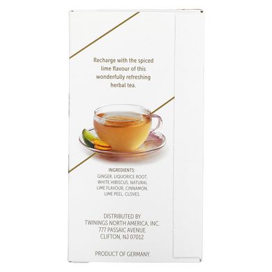 Трав'яний чай для підтримки імунітету, білий гібіскус, лайм і імбир, без кофеїну, Twinings, 18 пакетиків по 0,95 унц (27 г)