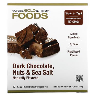 Батончики с темным шоколадом арахисом и морской солью California Gold Nutrition (Foods Dark Chocolate Nuts & Sea Salt Bars) 12 батончиков по 40 г каждый купить в Киеве и Украине