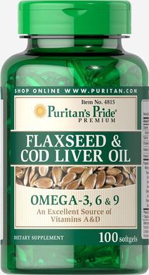 Олія з лляного насіння і тріски Омега 3, 6 і 9, Flaxseed,Cod Liver Oil Omega 3, 6,9, Puritan's Pride, 1000 мг, 100 капсул