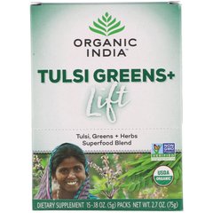 Суміш суперпродуктів, Tulsi Greens + Lift, Superfood Blend, Organic India, 15 упаковок по 0,18 унції (5 г) кожна