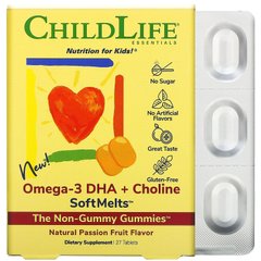 Омега-3 ДГК + холин SoftMelts, натуральный вкус маракуйи, Omega-3 DHA + Choline SoftMelts, Natural Passion Fruit Flavor, ChildLife, 27 таблеток купить в Киеве и Украине