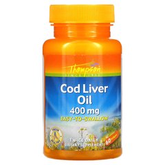Масло печінки тріски, Cod Liver Oil, Thompson, 400 мг, 60 гелевих капсул