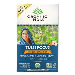 Organic India, Tulsi Focus з бакопою, гібіскус з корицею, без кофеїну, 18 пакетів для настою, 1,27 унції (36 г)