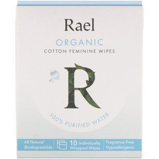 Feminine wipes made from organic cotton, Organic Cotton Feminine Wipes, Rael, 10 wet wipes.
