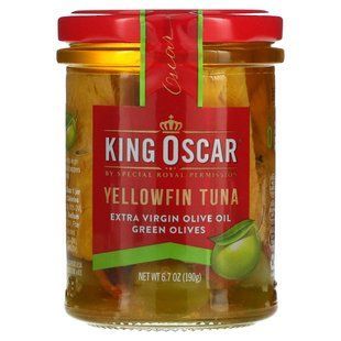 King Oscar, Желтоперый тунец, оливковое масло холодного отжима, зеленые оливки, 190 г (6,7 унции) купить в Киеве и Украине