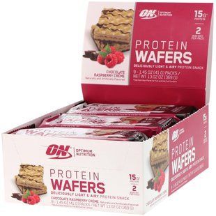 Протеїнові вафлі, шоколадно-малиновий крем, Optimum Nutrition, 9 упаковок, по 1,45 унції (41 г) кожна