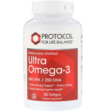 Молекулярна дистиляція Ultra Omega-3, 500 EPA / 250 DHA, Protocol for Life Balance, 180 капсул