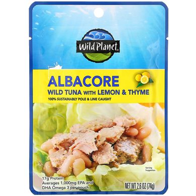 Дикий тунець Альбакор з лимоном і чебрецем, Albacore Wild Tuna with Lemon & Thyme, Wild Planet, 74 г