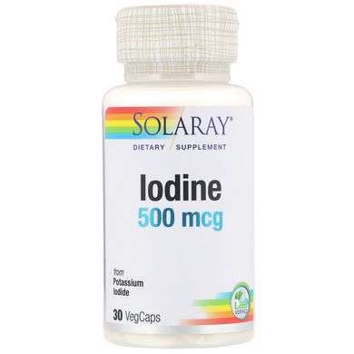 Йодин як калій йодид, Iodine, Solaray, 500 мкг, 30 вегетаріанських капсул