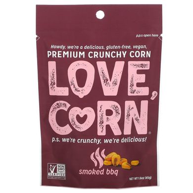 Love Corn, Хрумка кукурудза вищої якості, копчений шашлик, 1,6 унції (45 г)