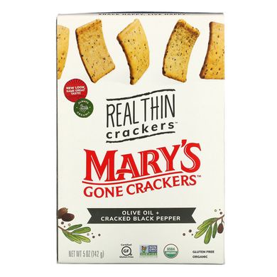 Mary's Gone Crackers, Справжні тонкі крекери, оливкова олія + чорний перець, що тріснув, 5 унцій (142 г)