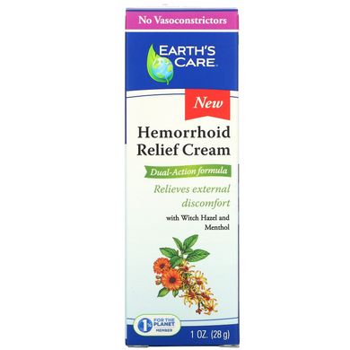 Крем для полегшення геморою, з гамамелісу і ментолом, Hemorrhoid Relief Cream, with Witch Hazel and Menthol, Earth's Care, 28 г