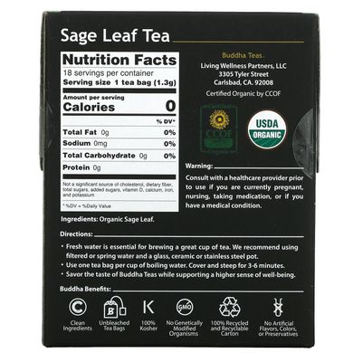 Buddha Teas, Органічний трав'яний чай, лист шавлії, 18 чайних пакетиків, 0,83 унції (24 г)