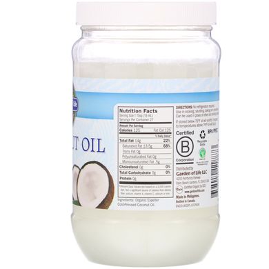 Необработанное кокосовое масло холодного отжима Garden of Life (Coconut Oil) 414 мл купить в Киеве и Украине