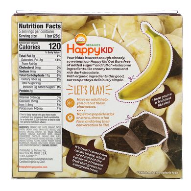 Happy Kid, банан + шоколад, фрукти і овес, Happy Family Organics, 5 шматків, 0,99 унц (28 г) кожен