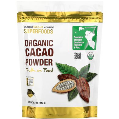 Органический порошок какао California Gold Nutrition (Superfoods Organic Cacao Powder) 240 г купить в Киеве и Украине