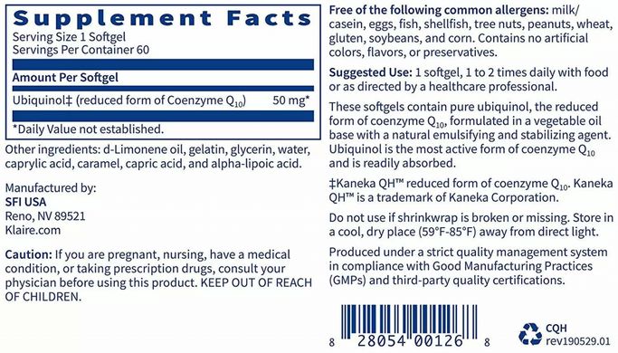 Убіхінол Klaire Labs (Ubiquinol CoQH) 50 мг 60 гелевих капсул