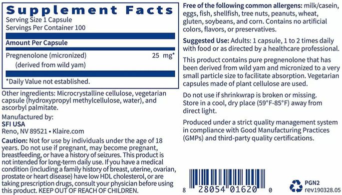 Прегненолон Klaire Labs (Pregnenolone) 25 мг 100 вегетаріанських капсул
