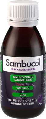 Самбукол сироп для імунітету Чорна бузина + Вітамін С + Цинк БЕЗ ЦУКРУ Sambucol (Immuno Forte) 120 мл
