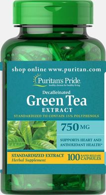 Стандартизований екстракт зеленого чаю без кофеїну, Decaffeinated Green Tea Standardized Extract, Puritan's Pride, 750 мг, 100 капсул