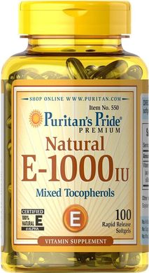 Витамин Е-1000, Vitamin E-1000 Mixed Tocopherols Natural, Puritan's Pride, 100 капсул купить в Киеве и Украине
