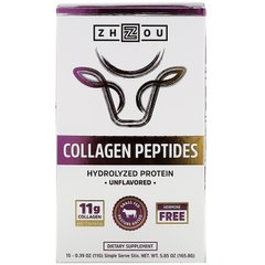 Колагенові пептиди, гідролізований білок, без запаху, Collagen Peptides, Hydrolyzed Protein, Unflavored, Zhou Nutrition, 15 стіків, 0,39 унції (11 г) Кожне