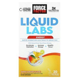 Force Factor, Liquid Labs Energy, Rapid Hydration Electrolyte Drink Mix, Mango Margarita, 20 Stick Packs, 0.28 oz (8 g) Each