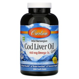 Масло из печени трески Carlson Labs (Cod Liver Oil) 1000 мг 300 капсул со вкусом лимона купить в Киеве и Украине