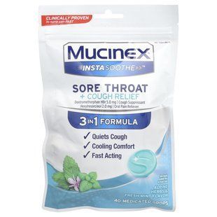Mucinex, InstaSoothe&trade;, Sore Throat + Cough Relief, Alpine Herbs & Fresh Mint, 40 Medicated Drops купить в Киеве и Украине