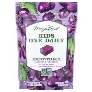 Multivitamins for children in chewy pastilles, grape, MegaFood, 30 chewy pastilles in individual packaging.