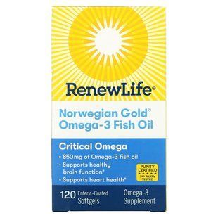 Renew Life, Риб'ячий жир з омега-3 Norwegian Gold, 850 мг, 120 м'яких таблеток з ентеросолюбильним покриттям