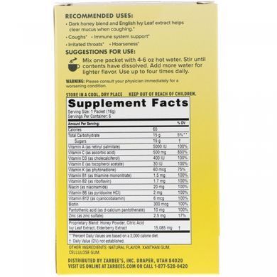 Reduction of painful symptoms in the throat, with cough, expectoration, daytime drink, natural lemon flavor, Zarbees, 6 packets, 3.4 oz. (96 g) each.