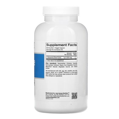 L-глютамін, L-Glutamine, Lake Avenue Nutrition, 1000 мг, 240 вегетаріанських капсул