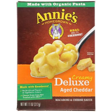Розкішний витриманий чедер, макарони і сирний соус, Creamy Deluxe Aged Cheddar, Macaroni & Cheese Sauce, Annie's Homegrown, 312 г
