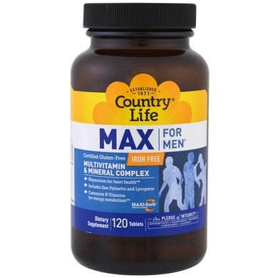 Max for Men, мультивітамінний і мінеральний комплекс для чоловіків, не містить заліза, Country Life, 120 таблеток