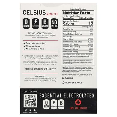 Celsius, Live Fit, Hydration, Essential Electrolytes, без кофеїну, фруктовий пунш, 14 зволожувальних стіків-стіків, 7,76 г (0,27 унції)