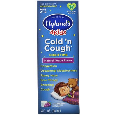 Від застуди і кашлю в нічний час, 2-12 років, натуральний виноградний смак, Hyland's, 4 рідких унції (118 мл)