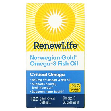 Renew Life, Рыбий жир с омега-3 Norwegian Gold, 850 мг, 120 мягких таблеток с энтеросолюбильным покрытием купить в Киеве и Украине