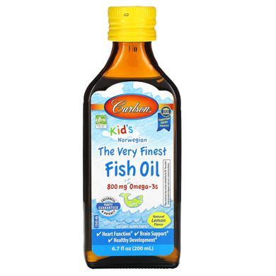 Норвезький продукт, риб'ячий жир найвищої якості, з натуральним смаком лимона, Kid's The Very Finest Fish Oil Omega-3, Lemon, Carlson Labs, 200 мл