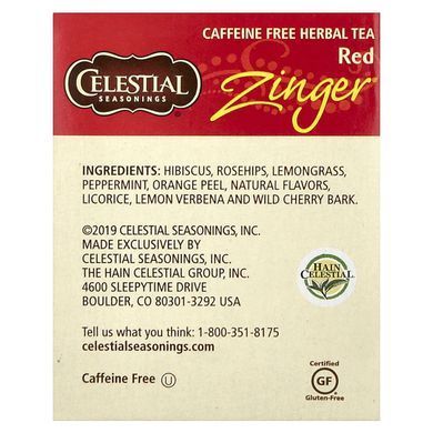 Трав'яний чай, без кофеїну, Red Zinger, Celestial Seasonings, 20 чайних пакетиків, 1,7 унцій (49 г)