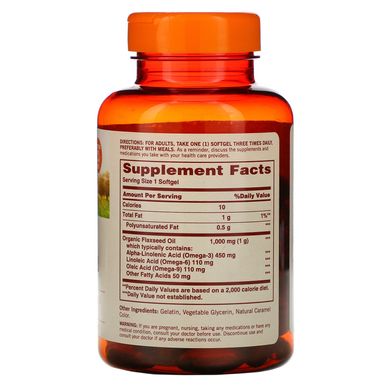 Органічне лляне масло Sundown Naturals (Organic Flaxseed Oil) 1000 мг 100 капсул