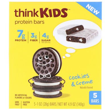 ThinkKids, Протеїнові батончики, Cookies,Creme, ThinkThin, 5 батончиків, 1 унція (28 г) кожен