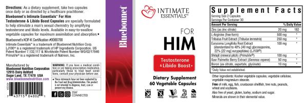 Мультивітаміни для чоловіків комплекс Bluebonnet Nutrition (Intimate Essentials For Him Testosterone Libido Boost) 60 капсул