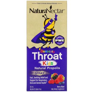 Натуральный спрей с прополисом, Bee Hero Throat Kids, Natural Propolis Spray, Berry Blast, NaturaNectar, 30 мл купить в Киеве и Украине