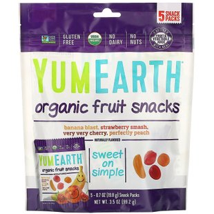 Фруктовые снеки банан и вишня и персик и клубника YumEarth (Fruit Snacks) 5 пакетиков по 19.8 г купить в Киеве и Украине