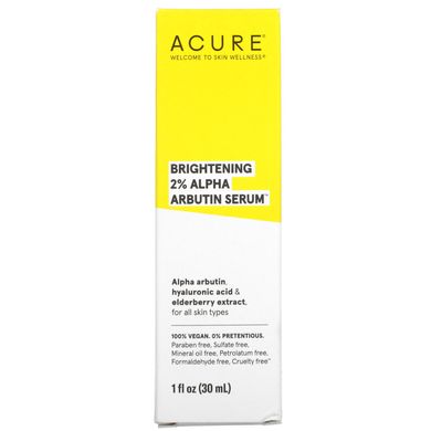 Acure, Осветляющая сыворотка с 2% альфа-арбутином, 1 жидкая унция (30 мл) купить в Киеве и Украине